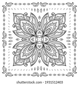 Decorative paisley flower pattern for printing on fabric. Red ornament for a bandana, a silk neckerchief, a tablecloth or a kerchief. Square sketch in tribal or oriental style.