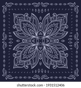 Patrón de flores de paisley decorativo para imprimir en tela. Un adorno azul para una bandana, un pañuelo de seda, un mantel o un pañuelo. Esbozo cuadrado de estilo tribal u oriental.