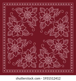 Decorative paisley flower pattern  for printing on fabric. Red ornament for a bandana, a silk neckerchief, a tablecloth or a kerchief. Square sketch in tribal or oriental style.
