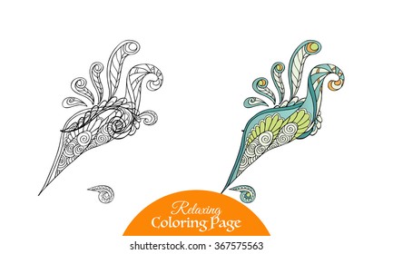 Decorative paisley and mandala element collection. Coloring book for adult and older children. Coloring page. Outline drawing.
With colored sample. Vector illustration.