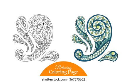 Decorative paisley and mandala element collection. Coloring book for adult and older children. Coloring page. Outline drawing.
With colored sample. Vector illustration.