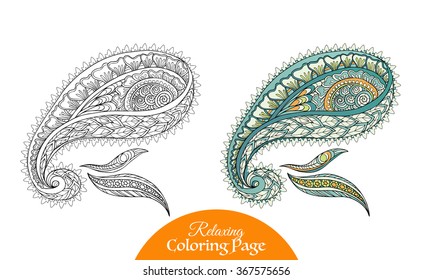 Decorative paisley and mandala element collection. Coloring book for adult and older children. Coloring page. Outline drawing.
With colored sample. Vector illustration.