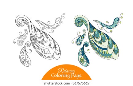 Decorative paisley and mandala element collection. Coloring book for adult and older children. Coloring page. Outline drawing.
With colored sample. Vector illustration.