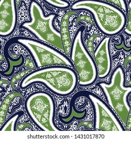 Decorative paisley seamless. Pattern in oriental ethnic style.Blue  and green motif filigree ornament. Traditional retro indian background. Element for design.
