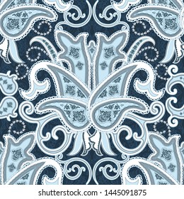 Decorative paisley seamless. Pattern in oriental ethnic style.Blue  motif filigree ornament. Traditional retro indian background. Element for design.
