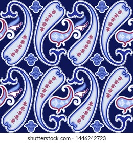 Decorative paisley seamless. Pattern in oriental ethnic style.Blue  motif filigree ornament. Traditional retro indian background. Element for design.
