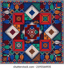 Decorative Palestinian seamless pattern in colors, traditional Tatreez embroidery, vector illustration.