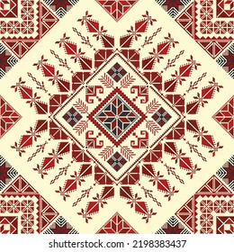 Decorative Palestinian seamless pattern in colors, traditional Tatreez embroidery, vector illustration.
