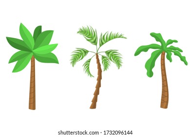Decorative palm trees icons set. Flat cartoon palms on white background. Miami trees, coconut palm or exotic hawaii forest green tree.