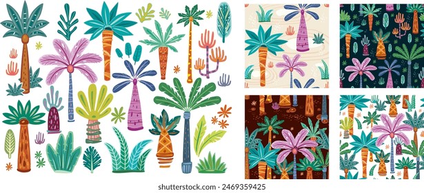 Decorative Palms and trees with Seamless Patterns