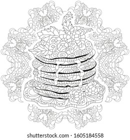 Decorative pancakes with raspberries pattern on a patterned round substrate
