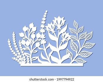 Panel decorativo con hermosas flores. Pradera de verano con hierba, hojas, brotes, bayas, hierbas. Plantilla para el corte láser de papel, metal, contrachapado, tallado de madera, cnc. Ilustración vectorial.