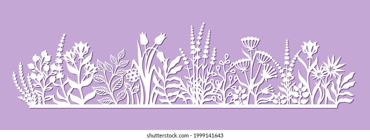 Panel decorativo con hermosas flores. Pradera de verano con hierba, hojas, brotes, bayas, hierbas. Plantilla para el corte láser de papel, metal, contrachapado, tallado de madera, cnc. Ilustración vectorial.