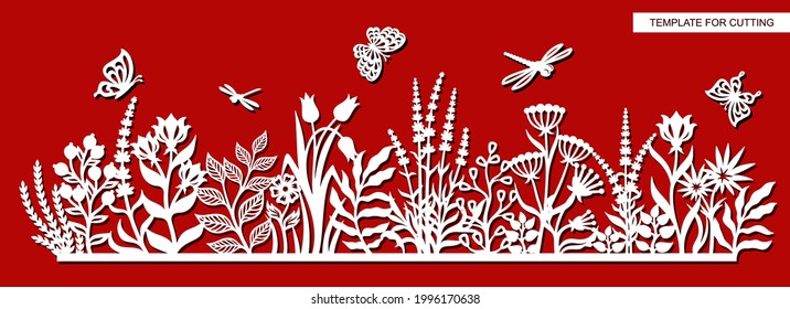Decorative panel with flowers. Summer meadow with grass, leaves, buds, berries, herbs, butterflies, dragonflies. Vector template for plotter laser cutting of paper, metal, plywood, wood carving, cnc.