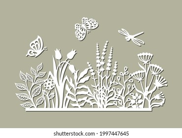 Decorative panel with flowers. Summer meadow with grass, leaves, buds, herbs, butterflies, dragonflies. Vector template for plotter laser cutting of paper, metal engraving, plywood, wood carving, cnc.