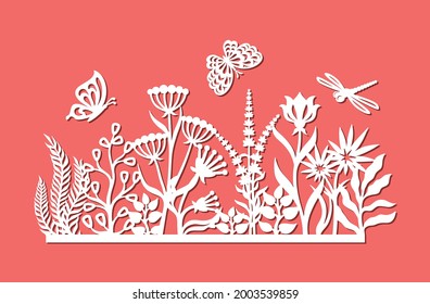 Decorative panel with flowers. Summer meadow with grass, leaves, buds, herbs, butterflies, dragonflies. Vector template for plotter laser cutting of paper, metal engraving, plywood, wood carving, cnc.