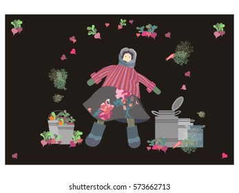 Decorative panel with the image of rural woman and the harvested crop. Based on the popular carpets. It can be used for printing on textiles and paper. Flat