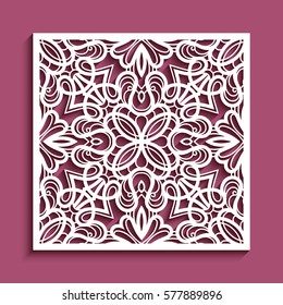 Decorative panel with lace pattern, elegant square ornament for laser cutting or wood carving, cutout paper decorative element, vector eps10