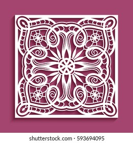 Decorative panel with lace pattern, elegant square ornament for laser cutting or wood carving, cutout paper decorative element, elegant vector background for wedding invitation card, eps10