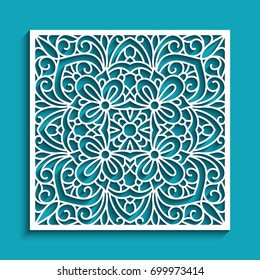 Decorative panel with lace pattern, elegant square ornament for laser cutting or wood carving, cutout paper decorative element, elegant vector background for wedding invitation card, eps10