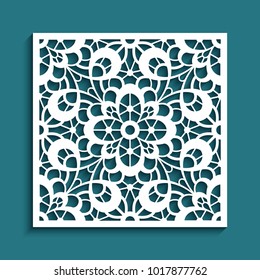 Panel decorativo con motivos de encaje, adorno cuadrado para corte láser o tallado en madera, decoración de papel recortado, elegante fondo vectorial para tarjeta de invitación a boda, eps10