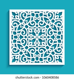 Decorative panel with lace pattern, square ornamental template for laser cutting or wood carving, cutout paper design element, eps10