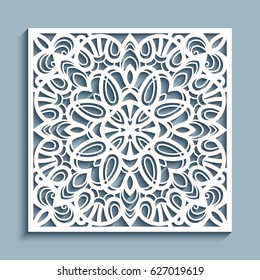 Decorative panel with lace pattern, square ornamental template for laser cutting or wood carving, cutout paper design element, elegant vector background for wedding invitation card, eps10