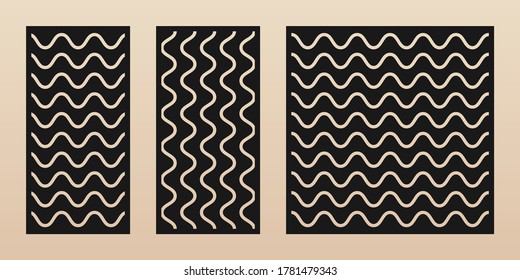 Decorative panel for laser cutting. Cnc pattern set. Cutout silhouette with thin wavy lines, horizontal and vertical. Laser cut stencil for wood, metal, paper, plastic, fretwork. Aspect ratio 1:1, 1:2