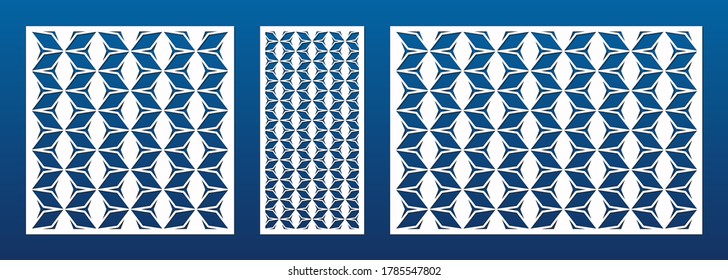 Decorative panel for laser cutting. Cnc pattern set. Cutout silhouette with geometric texture, grid, net, triangles, stars, lines. Laser cut stencil for wood, metal, paper. Aspect ratio 1:1, 1:2, 3:2