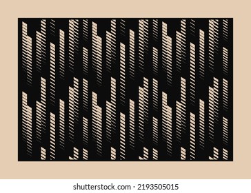 Decorative panel for laser cutting. Cutout silhouette with abstract geometric pattern, halftone lines, fading stripes, tracks. Laser cut stencil for wood, metal, paper, plastic. Aspect ratio 3:2