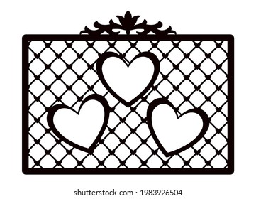 Decorative panel with a lattice of hearts and three photo frames in the shape of a heart. Decorative panel for laser cutting and cutting on machine tools
