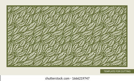 Decorative panel with leaf patterns. Seamless stencil with green floral ornament. Rectangular background. Template for laser cutting, metal, wood carving, paper cut and printing. Vector illustration.