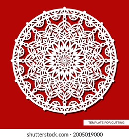 Decorative panel with a mandala. Round openwork element. Abstract floral pattern, carved decor, magic circle. Oriental motive. Vector layout for printing or plotter laser cutting of metal, paper, wood