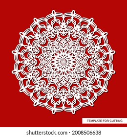 Decorative panel with a mandala. Round openwork element. Abstract floral pattern, carved decor, magic circle. Oriental motive. Vector layout for printing or plotter laser cutting of metal, paper, wood