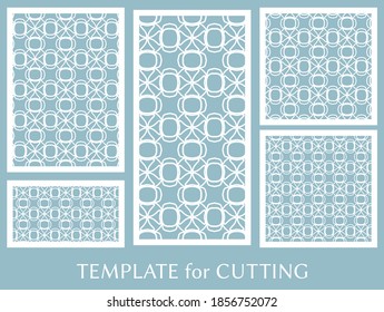 Decorative panel set for laser cutting. Geometric ornament for wedding invitation, envelope, greeting or business cards, Template for paper cut, printing, engraving wood, metal. Stencil manufacturing