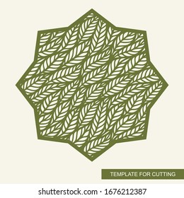 Decorative panel in the shape of an eight-pointed star. Floral pattern of leaves. Openwork template for laser cutting, metal engraving, wood carving, plywood, cardboard, paper cut. Vector illustration