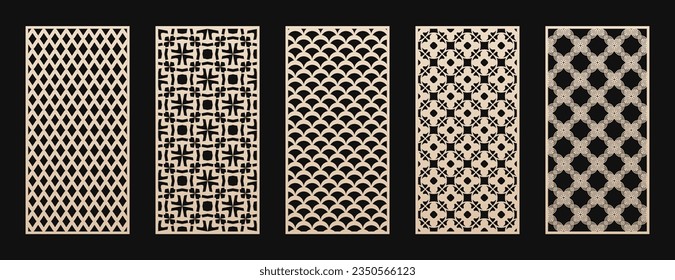 Paneles decorativos para CNC, corte láser. Conjunto vectorial de elegantes patrones orientales con rejilla geométrica abstracta, malla, entramado floral. Plantillas de corte láser para madera, metal, plástico. Relación de aspecto 1:2