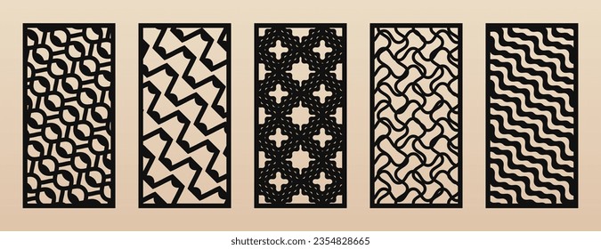 Decorative panels for CNC, laser cutting. Vector collection of modern patterns with abstract geometric grid, wavy lines, organic shapes. Laser cut patterns for wood, metal, paper. Aspect ratio 1:2