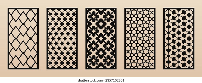 Decorative panels for CNC, laser cutting. Vector set of elegant oriental patterns with abstract geometric grid, linear mesh, floral lattice. Laser cut templates for wood, metal. Aspect ratio 1:2