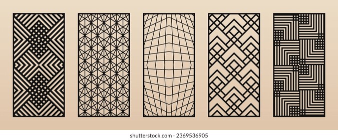 Decorative panels for CNC, laser cutting. Vector set of modern trendy pattern designs with abstract geometric grid, lines, stripes, diamonds, squares. Laser cut patterns collection. Aspect ratio 1:2