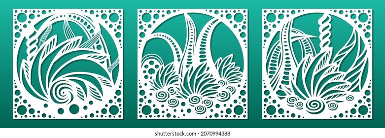 Decorative panels laser cnc cut stencil. Paper cut, wall art, coasters, room privacy screen, tile for home interior design. Underwater world, seashells, weeds and reefs. Vector illustration