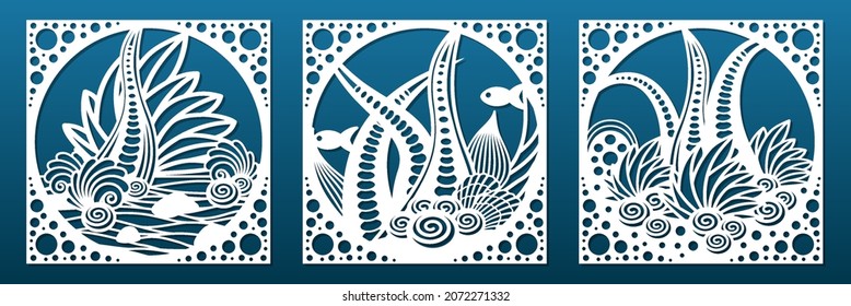 Decorative panels laser cnc cut stencil. Paper cut, wall art, coasters, room privacy screen, tile for home interior design. Underwater world, seashells, weeds and reefs. Vector illustration