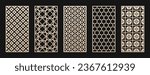 Decorative panels for laser cut, CNC cutting. Modern abstract geometric patterns with floral grid, lattice, curved lines. Moroccan style ornaments. Vector stencil for wood, metal. Aspect ratio 1:2