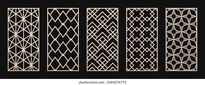 Decorative panels for laser cut, CNC cutting. Cutout silhouette with abstract geometric pattern, triangles, diamonds, grid, lattice. Japanese style. Vector stencil for wood, metal. Aspect ratio 1:2