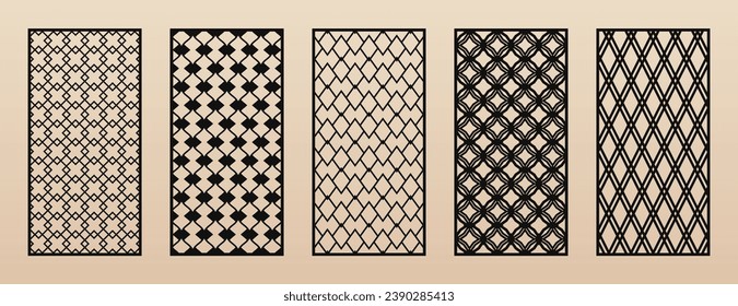 Decorative panels for laser cut, CNC cutting. Cutout silhouette with abstract geometric pattern, grid, diamonds, rhombuses, thin lines, lattice. Modern vector stencil for wood, metal. Aspect ratio 1:2