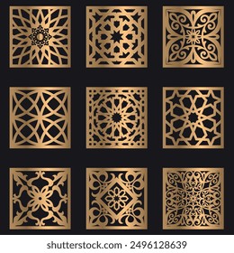 Decorative panels for laser cut, CNC cutting. Modern abstract geometric patterns with floral grid, Moroccan style ornaments, Laser cut pattern set. Vector design with modern abstract geometric