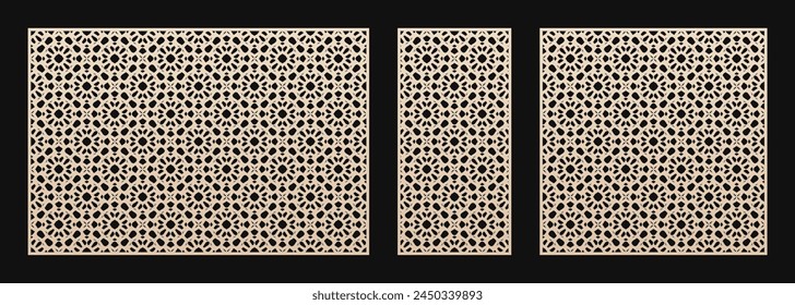 Paneles decorativos para corte láser. Esténciles de Vector con patrón geométrico abstracto, malla, celosía, rejilla floral, encaje. Adornos de estilo islámico. Plantilla para CNC, corte por láser. Relación de aspecto 3:2, 1:2, 1:1