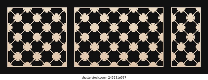 Decorative panels for laser cut. Vector stencils set with abstract geometric pattern, floral grid, lattice, simple ornament. Template for CNC, laser cutting of wood, metal. Aspect ratio 1:1, 3:2, 1:2