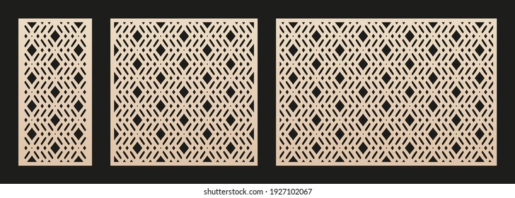 Decorative panels for laser cutting. Cutout silhouette with abstract geometric pattern, diamond grid, lattice, mesh. Laser cut stencil for wood, metal, paper, plastic. Aspect ratio 1:2, 1:1, 3:2