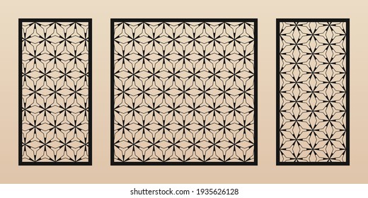 Decorative panels for laser cutting. Cutout silhouette with abstract geometric pattern, thin lines, triangles, grid, hexagonal mesh. Laser cut stencil for wood, metal, plastic. Aspect ratio 1:2, 1:1